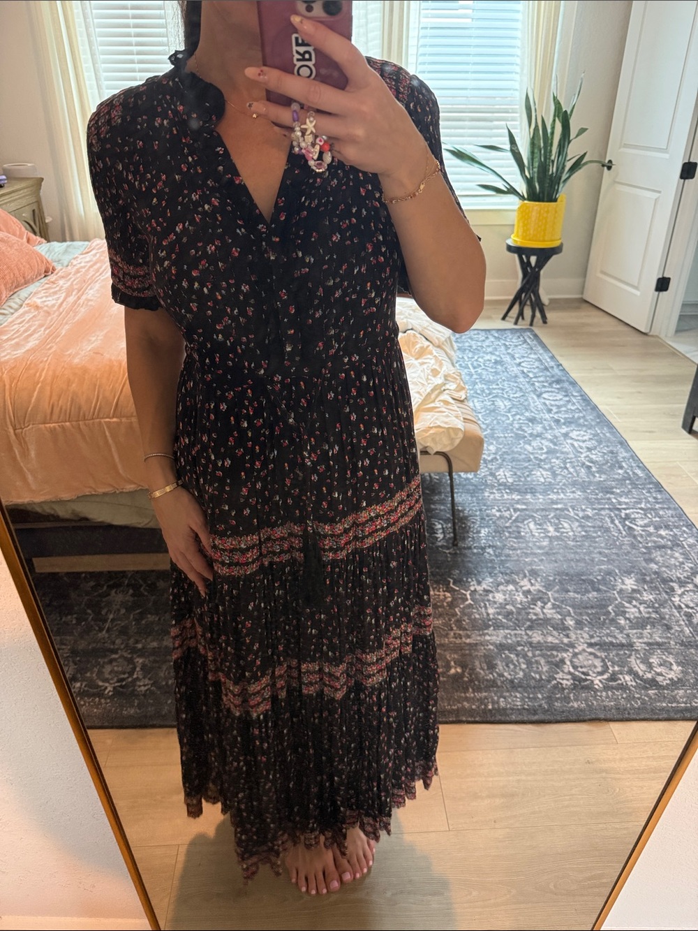 Free People Black Maxi Dress with Pink Floral Print